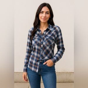 NorthCrest Women’s Western Shirt Size Large Blue Plaid 100% Cotton Button Blouse